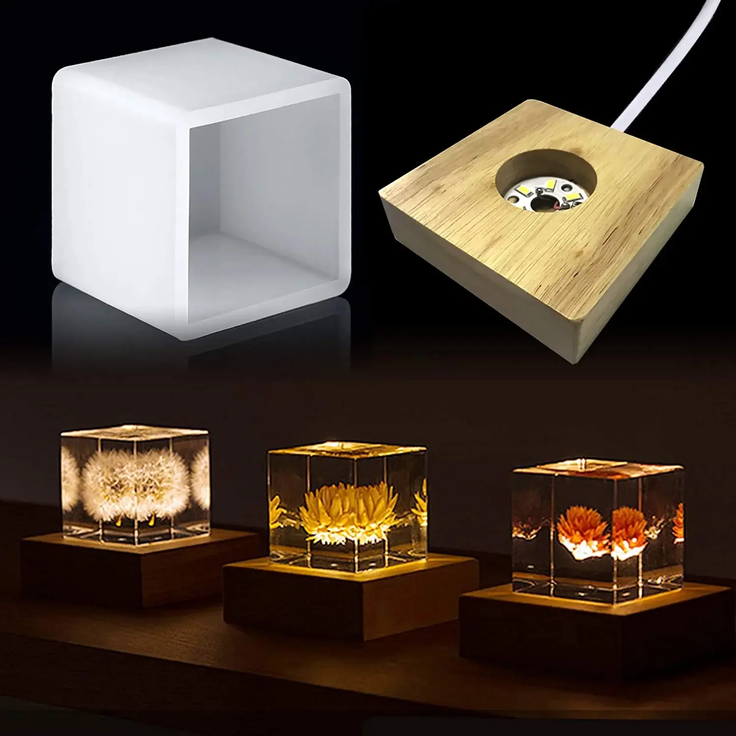 Resin Art Stand - แม่พิมพ์เรซินแสงสี่เหลี่ยม, แม่พิมพ์ซิลิโคน LED สําหรับเรซิน, แม่พิมพ์ซิลิโคนเรซินพร้อมขาตั้งฐานไม้สําหรับงานศิลปะเรซิน