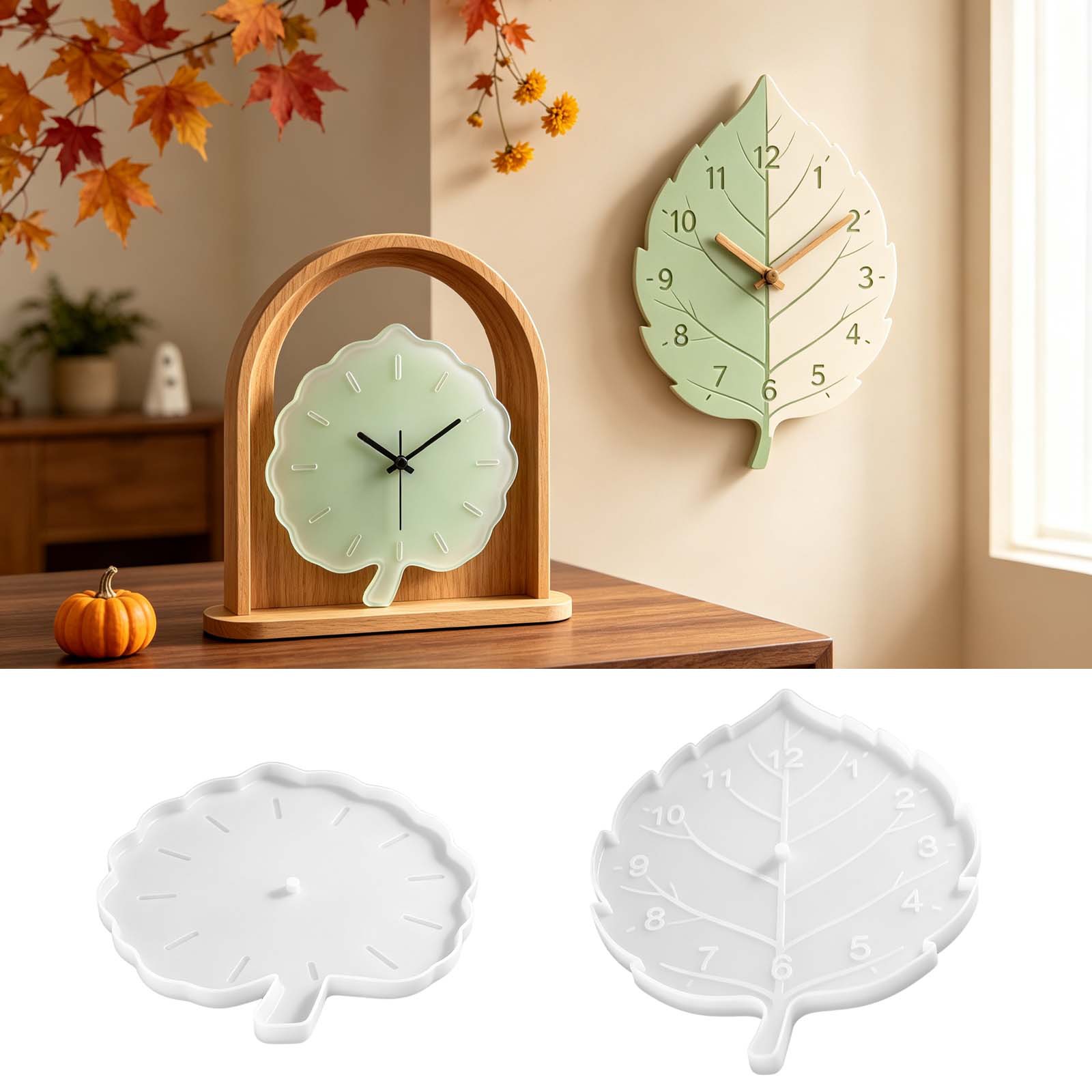 Resin Art Clock - แม่พิมพ์ซิลิโคนรูปใบไม้สำหรับหล่อเรซินอีพ็อกซี่ ใช้ทำนาฬิกาแขวนผนัง DIY ของตกแต่งบ้านช่วงฤดูใบไม้ร่วง และของขวัญทำมือสำหรับวันขอบคุณพระเจ้า