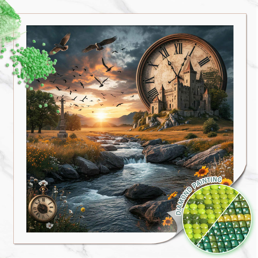 Resin Art Clock - ชุดงานปักเพชรภาพวิวทิวทัศน์ปราสาทกลางป่าพร้อมนาฬิกาขนาดใหญ่ ของ Huacan Diamond Painting สำหรับตกแต่งบ้าน