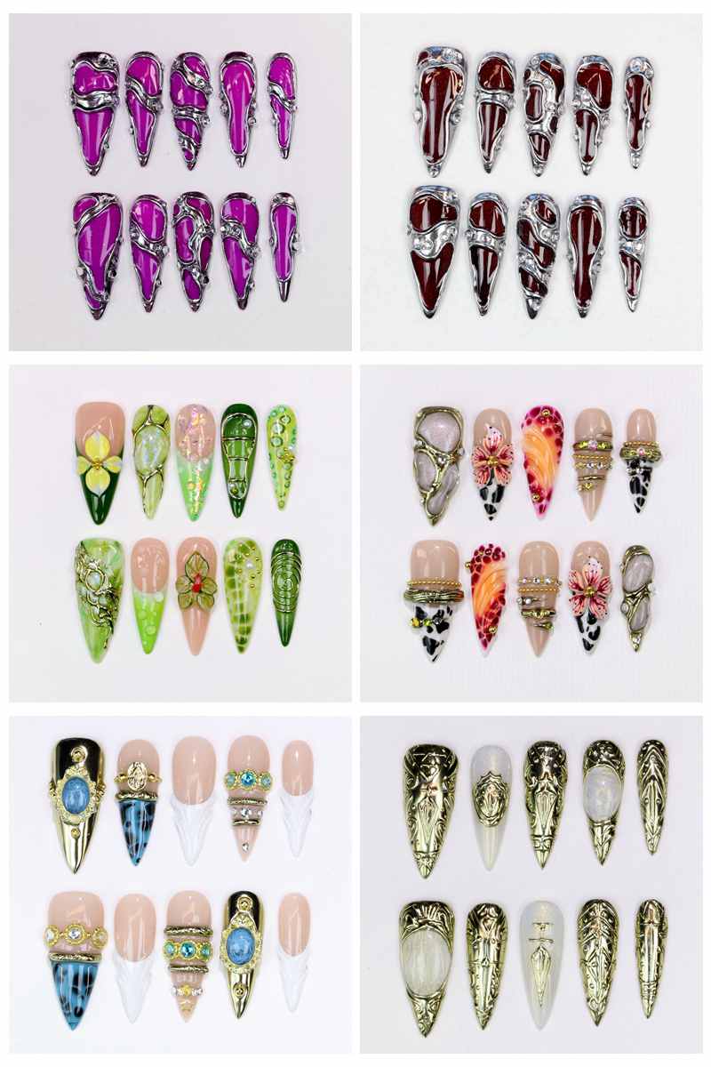 Resin Art And Design - เล็บปลอมทรงสติเลตโต้ยาว 10 ชิ้น เคลือบเงา ลายดอกไม้สีม่วงเพ้นท์มือ สำหรับงานแต่งงานและงานอีเวนต์