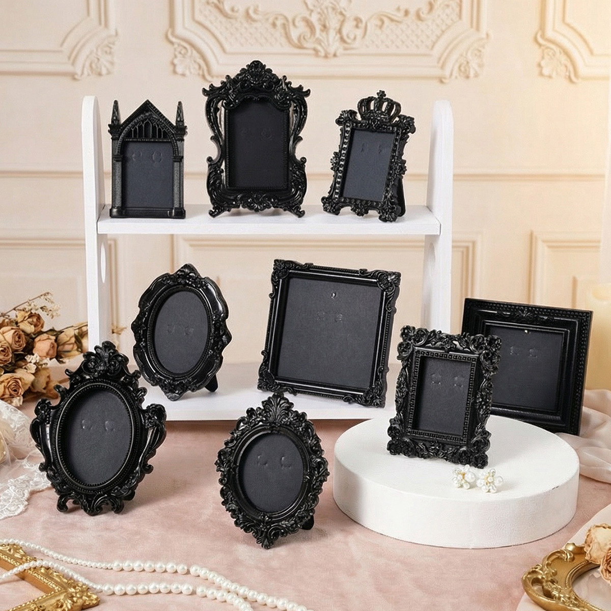 Resin Art Photo Frame - กรอบรูปมินิสไตล์เรโทร อุปกรณ์ประกอบฉากถ่ายภาพ กรอบรูปเรซิ่นสำหรับจัดแสดงความทรงจำ กรอบรูปวินเทจสีดำทองสุดสร้างสรรค์ ของขวัญ