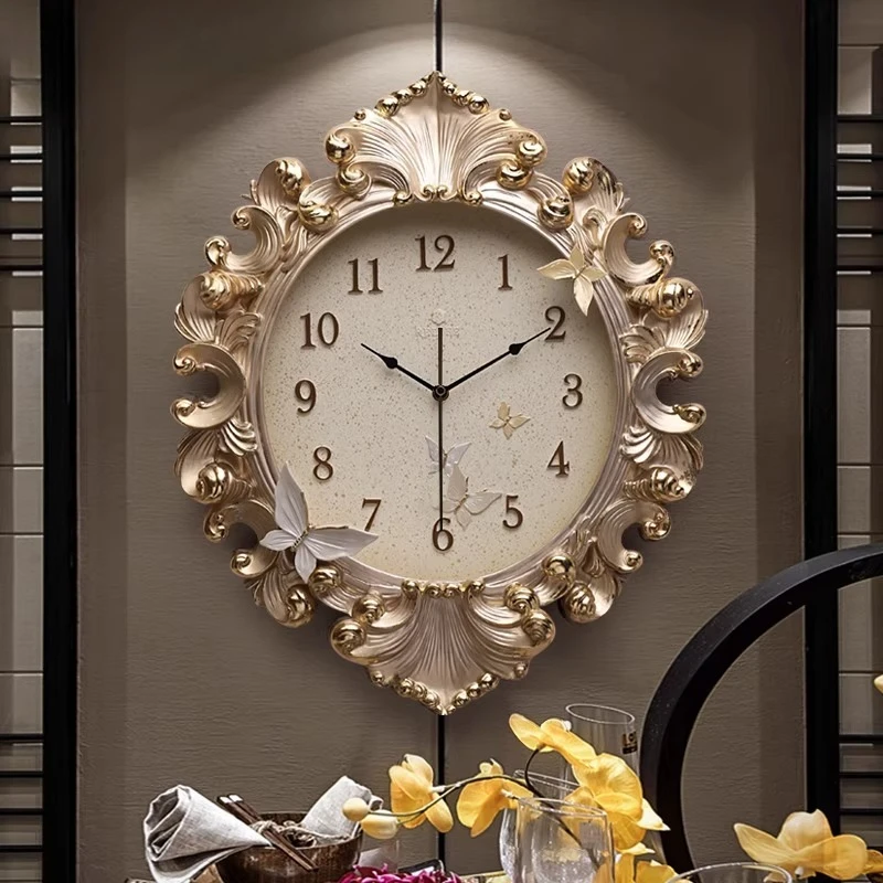 Resin Art Clock - นาฬิกาแขวนผนังสไตล์ยุโรป นาฬิกาคลาสสิกสีทอง นาฬิกาสำหรับร้านอาหาร นาฬิกาโมเดิร์นเรโทรแบบเงียบ เหมาะสำหรับตกแต่งบ้าน