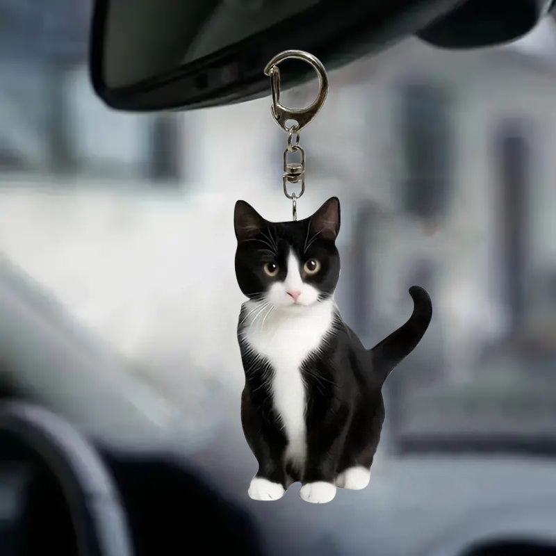 สีดําและสีขาวพวงกุญแจแมว 2d อะ - Resin Art Design Keychain บทวิจารณ์และราคา